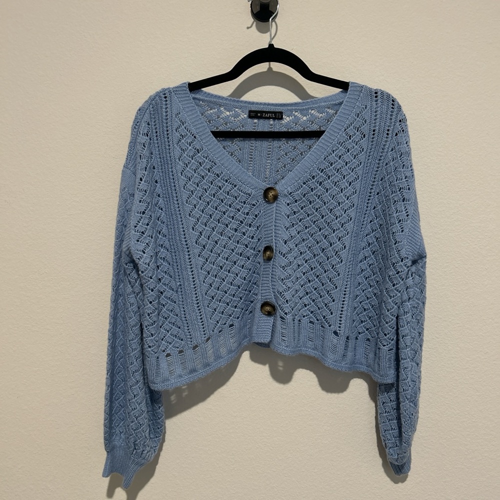 Zaful Light Blue Knit Cropped Cardigan